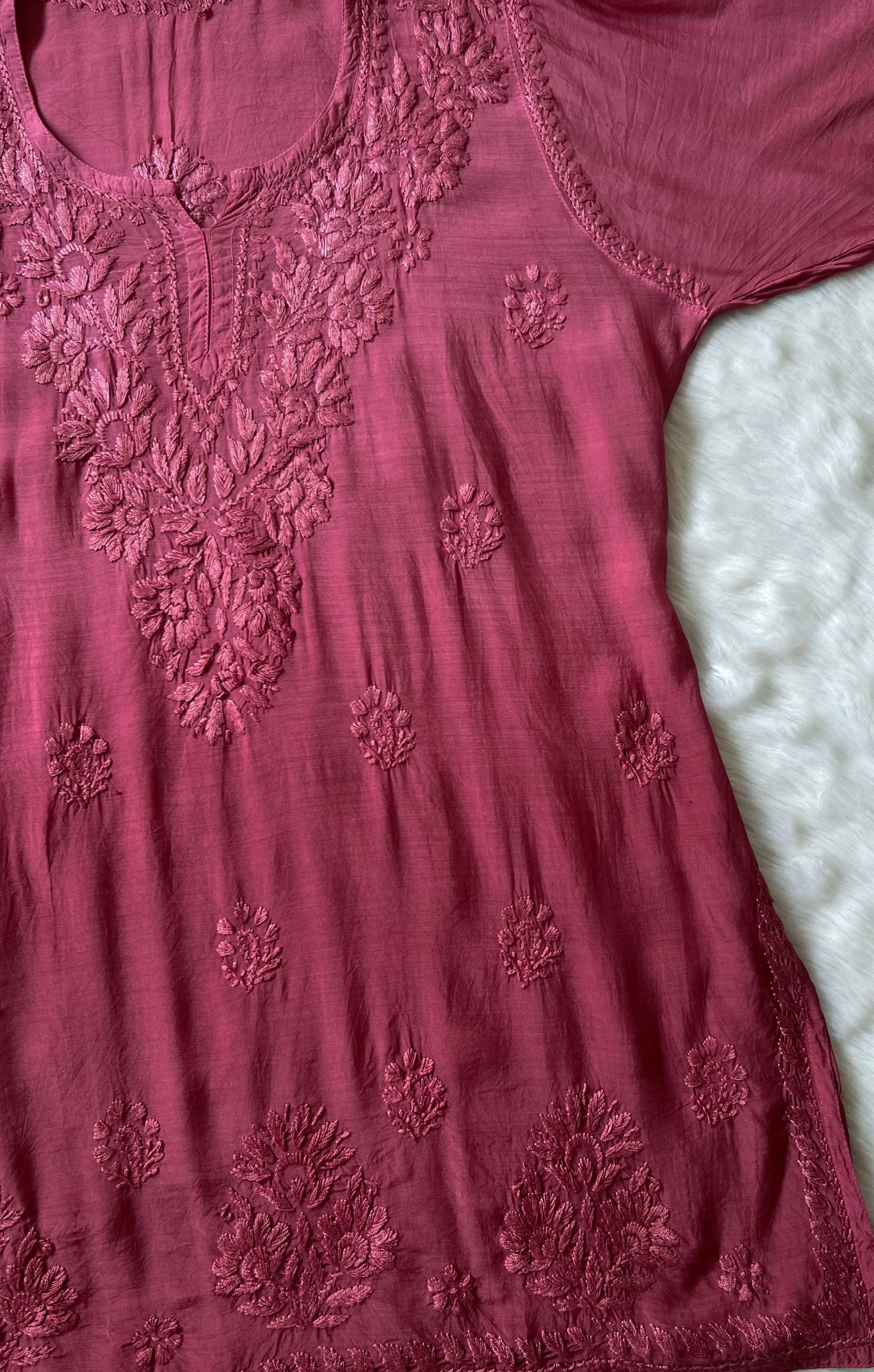 Gul Rouge Pink Short Muslin Chikankari Kurta
