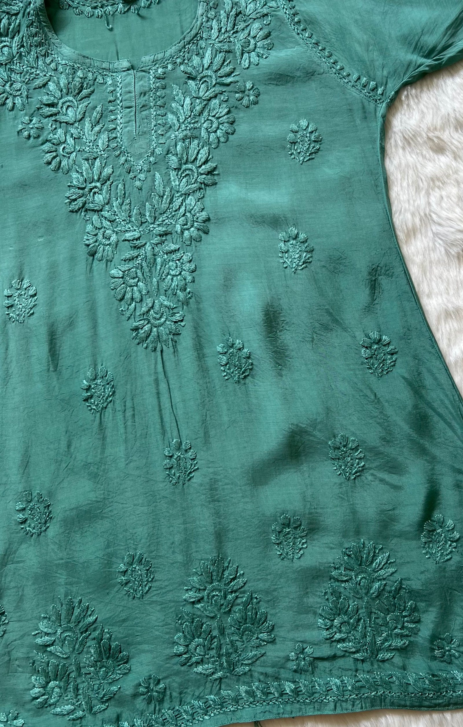 Gul Sage Green Short Muslin Chikankari Kurta