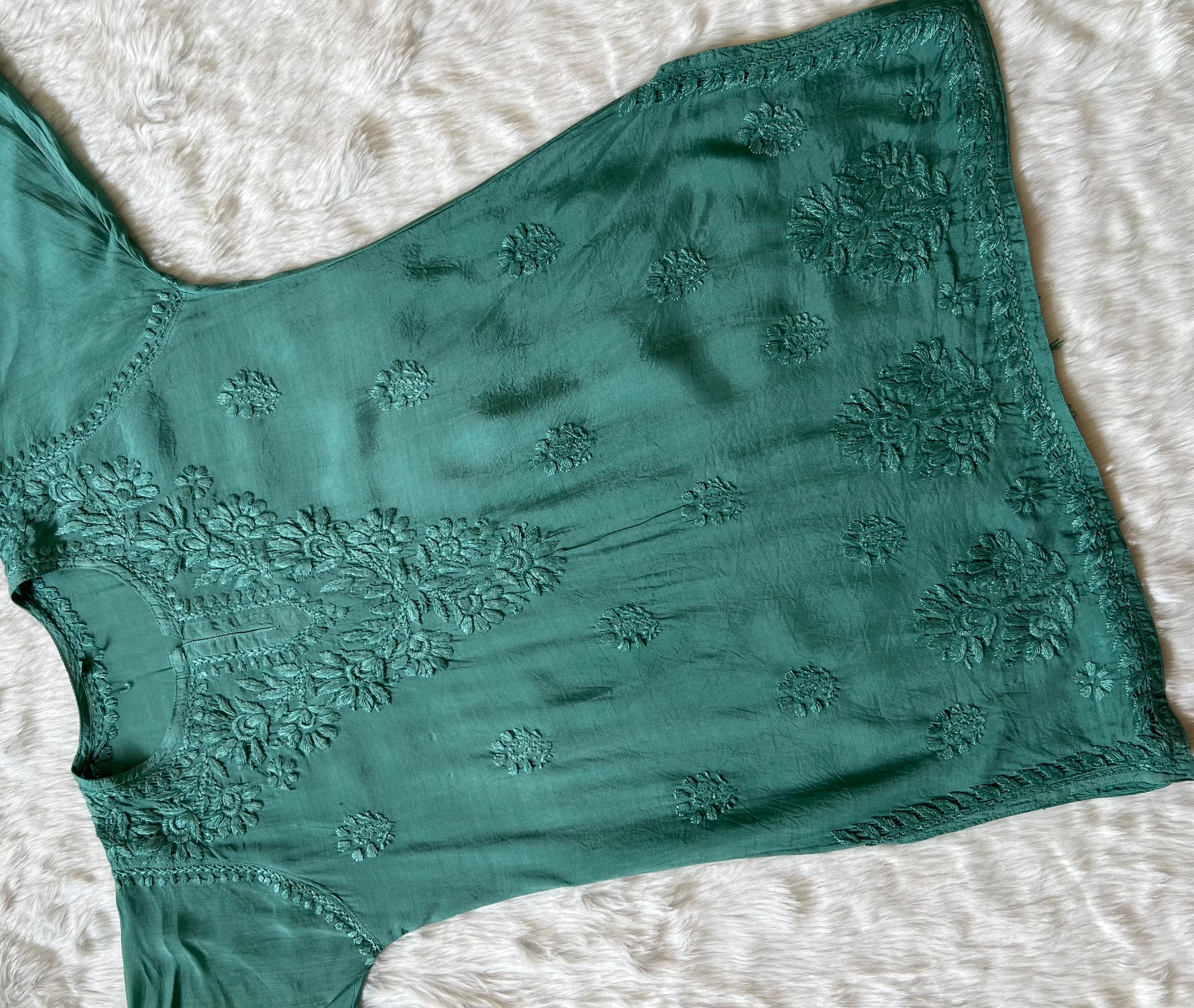 Gul Sage Green Short Muslin Chikankari Kurta