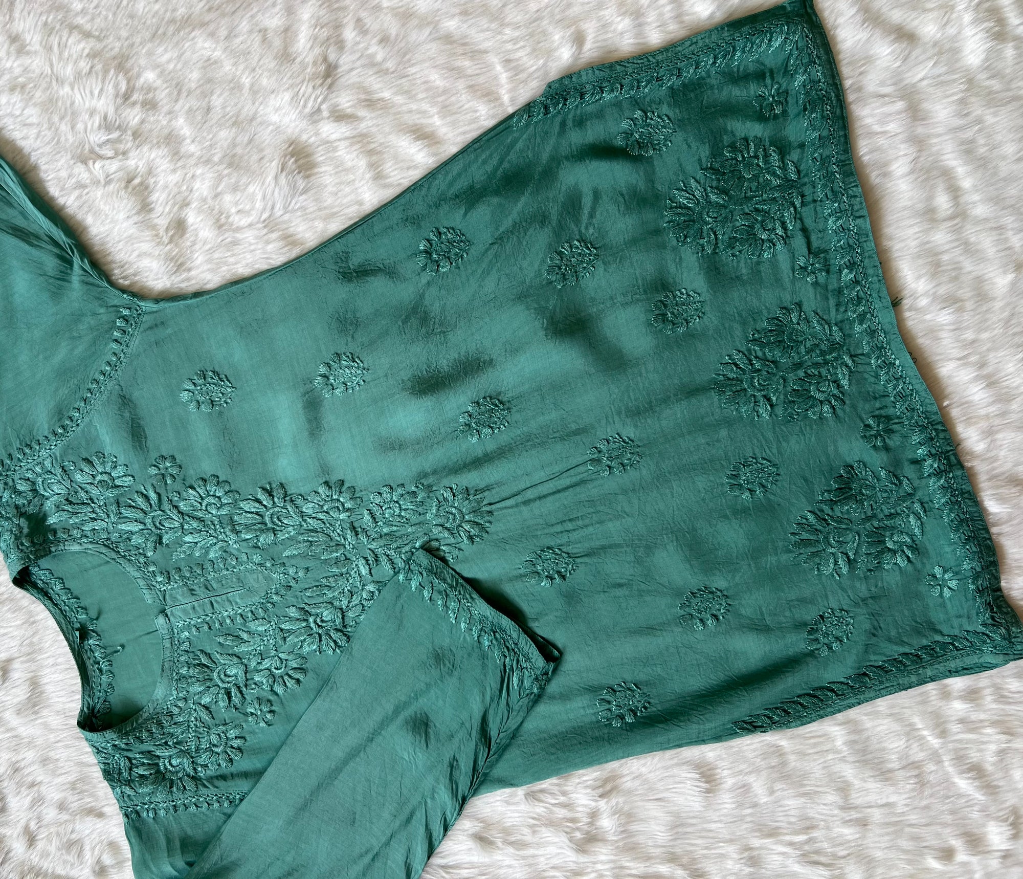 Gul Sage Green Short Muslin Chikankari Kurta