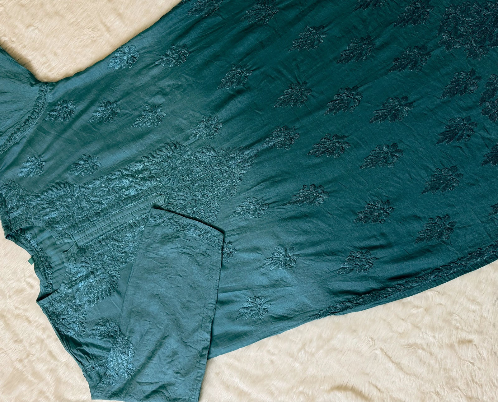 Gul Turquoise Chanderi Plus Size Chikankari Kurti