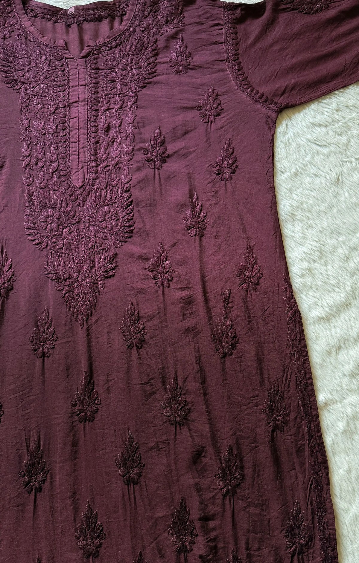 Gul Wine Chanderi Plus Size Chikankari Kurti