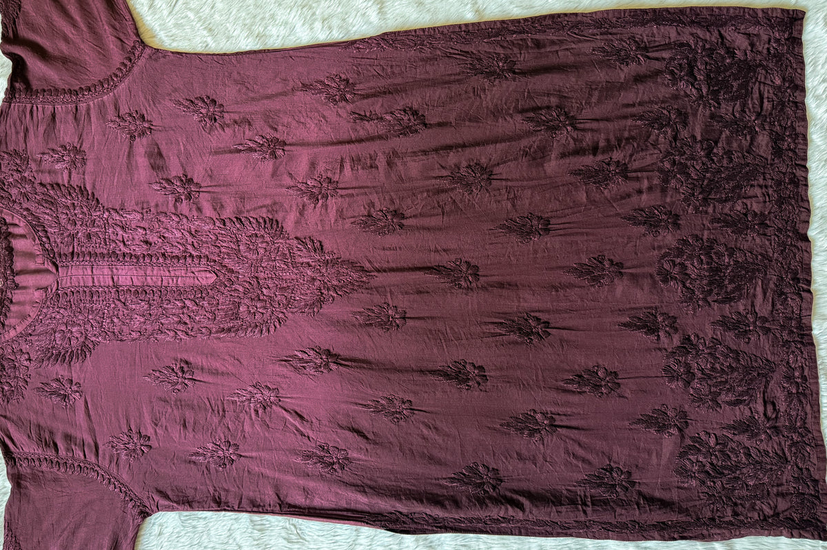 Gul Wine Chanderi Plus Size Chikankari Kurti