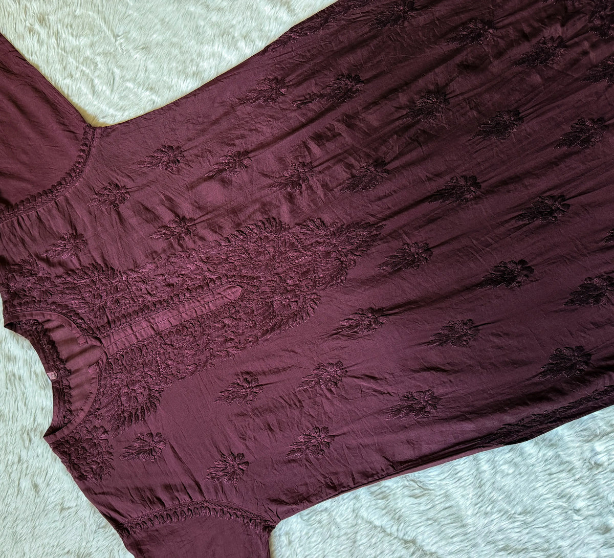 Gul Wine Chanderi Plus Size Chikankari Kurti
