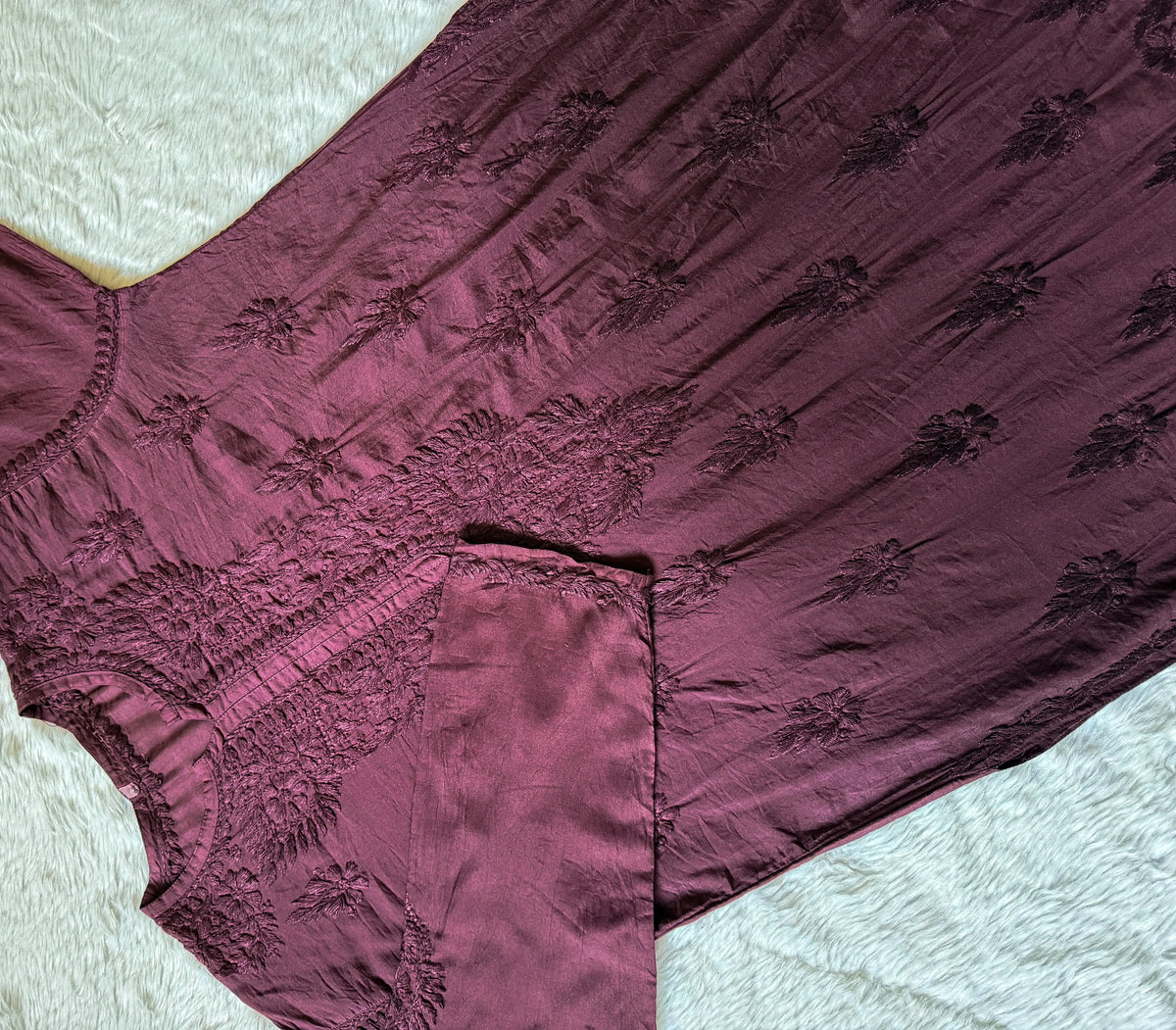 Gul Wine Chanderi Plus Size Chikankari Kurti