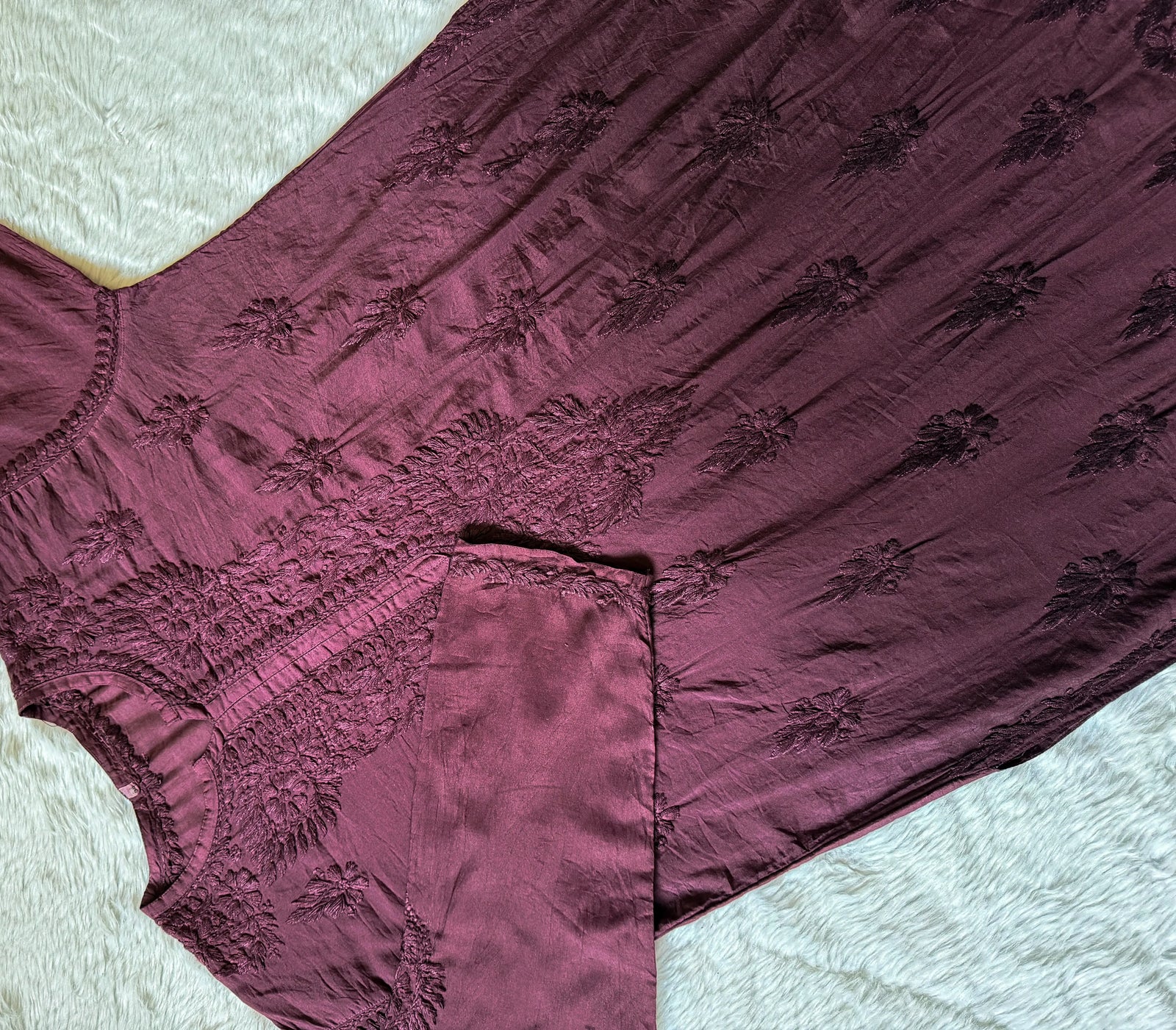 Gul Wine Chanderi Plus Size Chikankari Kurti