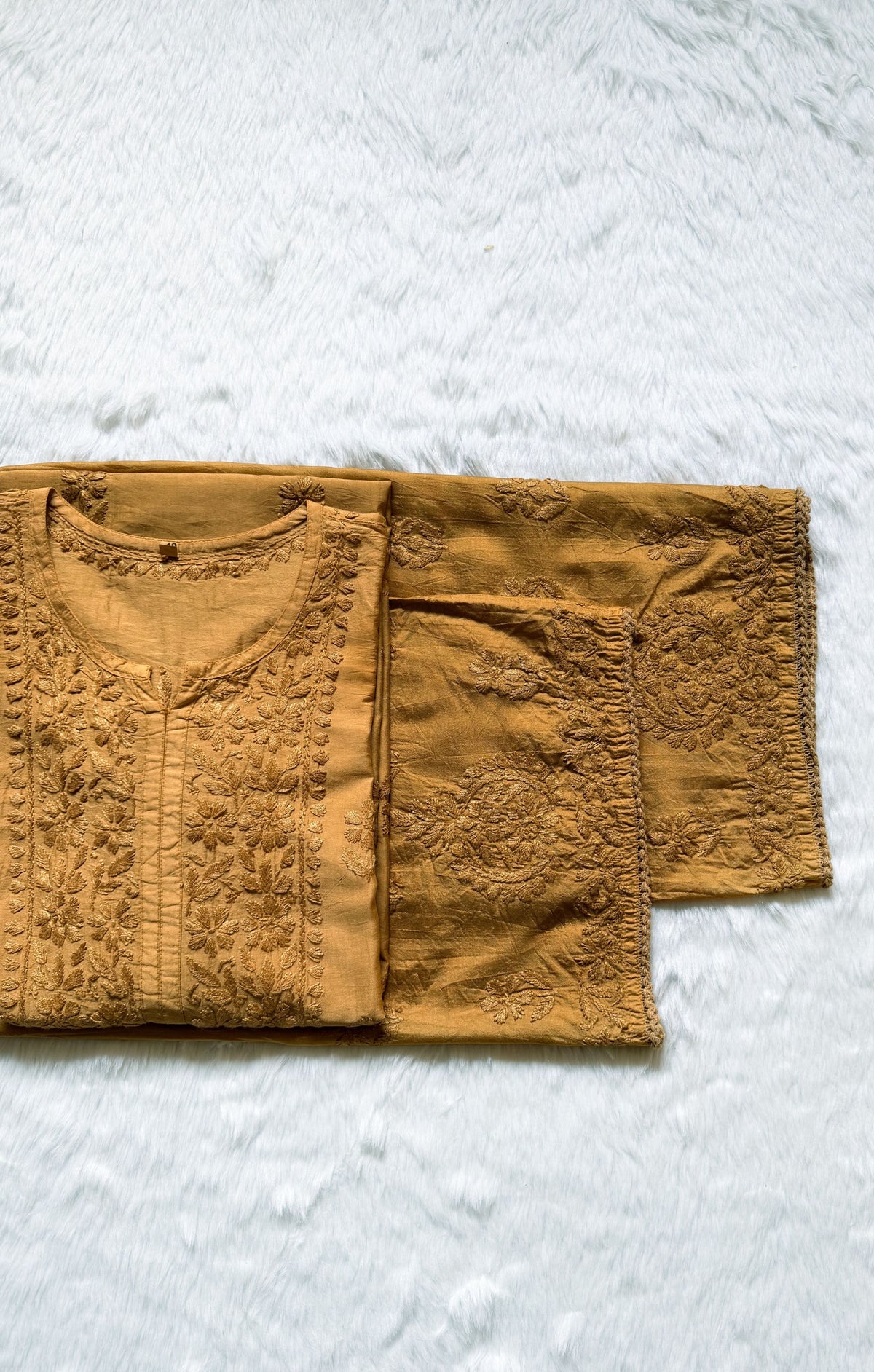 Haniya Beige Ombre Chanderi Chikankari Kurta Bottom Set