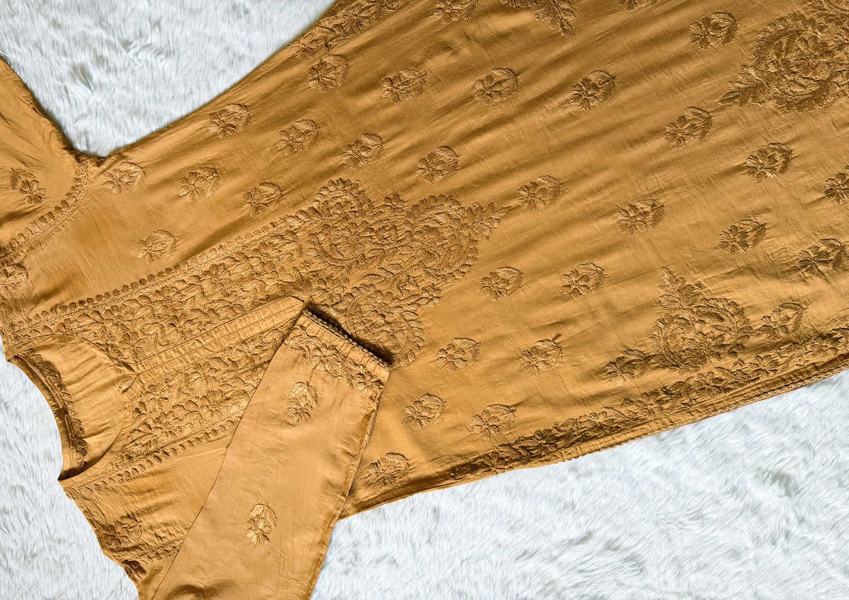 Haniya Beige Ombre Chanderi Chikankari Kurta Bottom Set