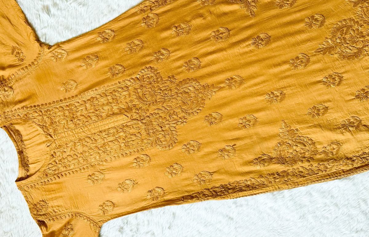 Haniya Beige Ombre Chanderi Chikankari Kurta Bottom Set