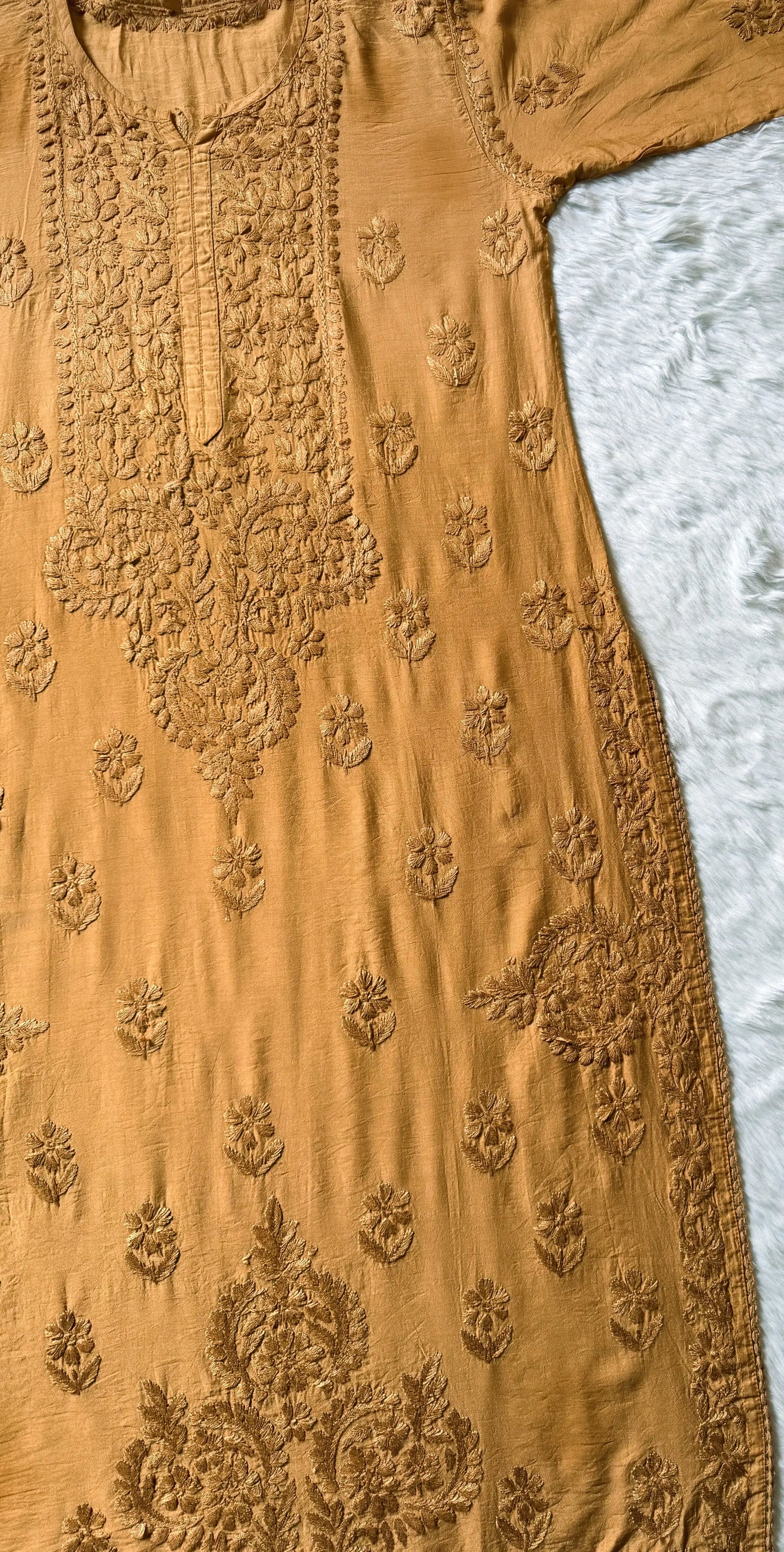 Haniya Beige Ombre Chanderi Chikankari Kurta Bottom Set