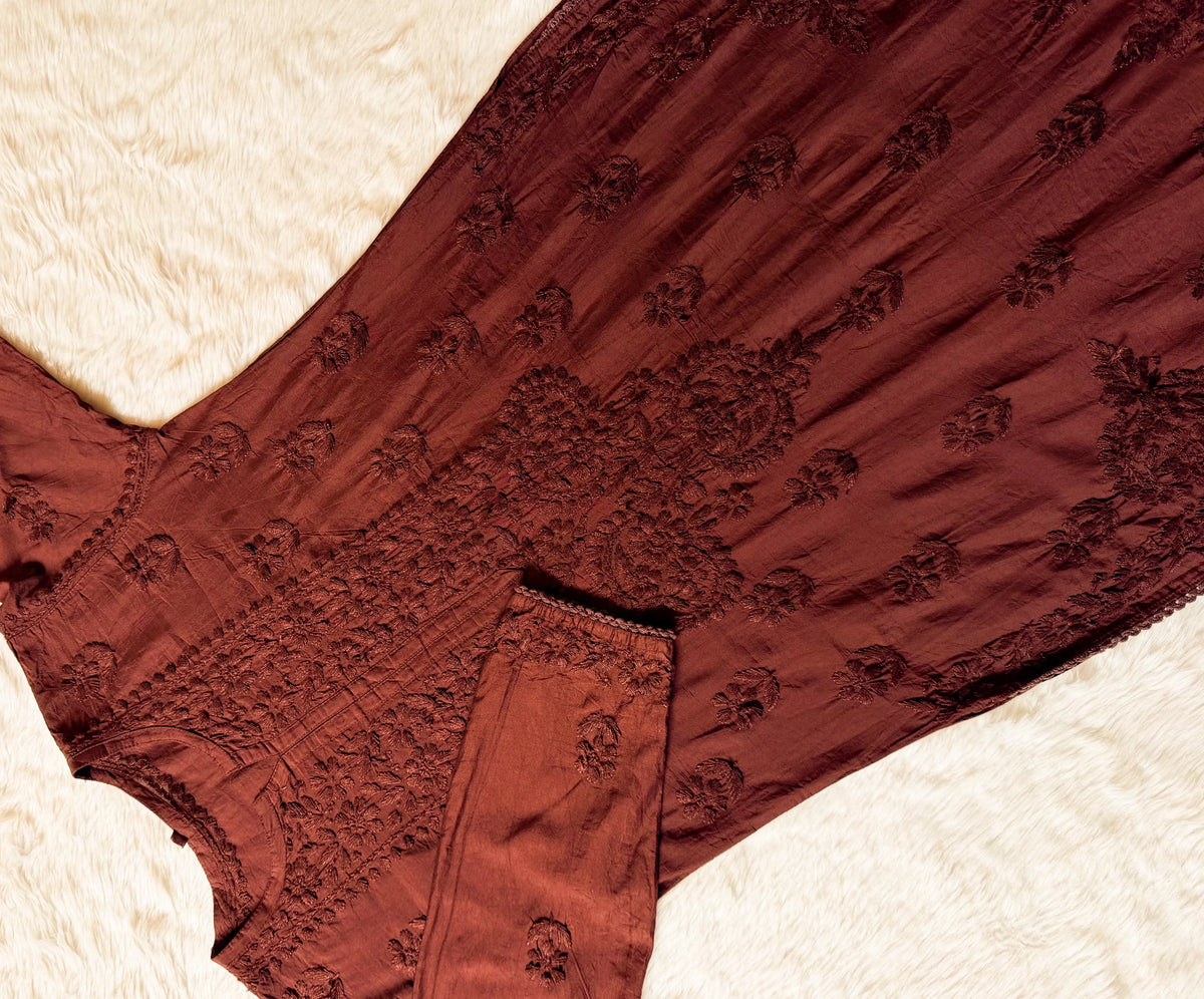 Haniya Brown Ombre Chanderi Chikankari Kurta Bottom Set