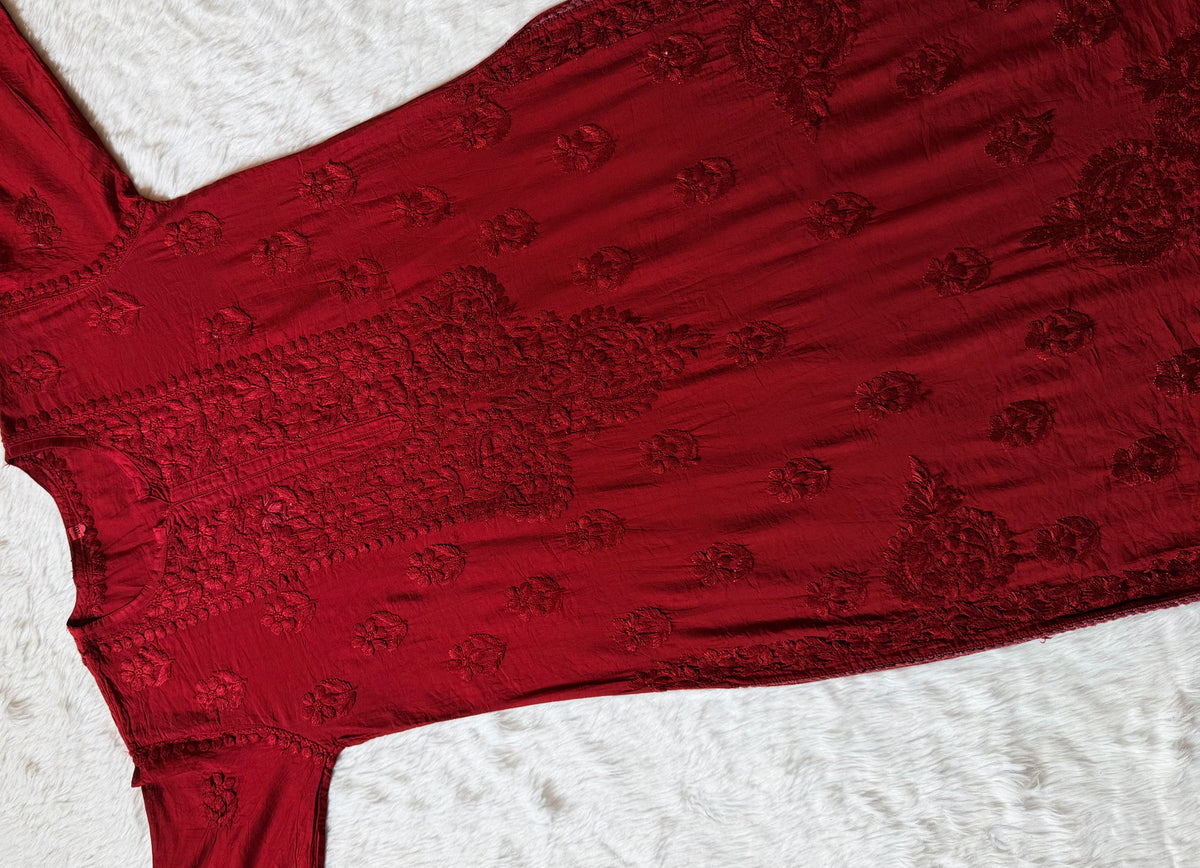 Haniya Maroon Ombre Chanderi Chikankari Kurta Bottom Set