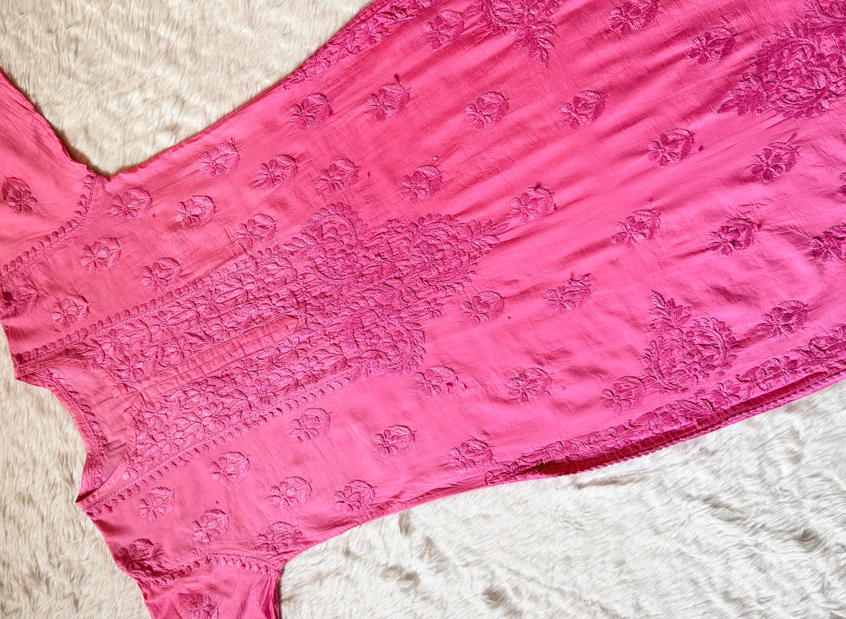 Haniya Pink Ombre Chanderi Chikankari Kurta Bottom Set