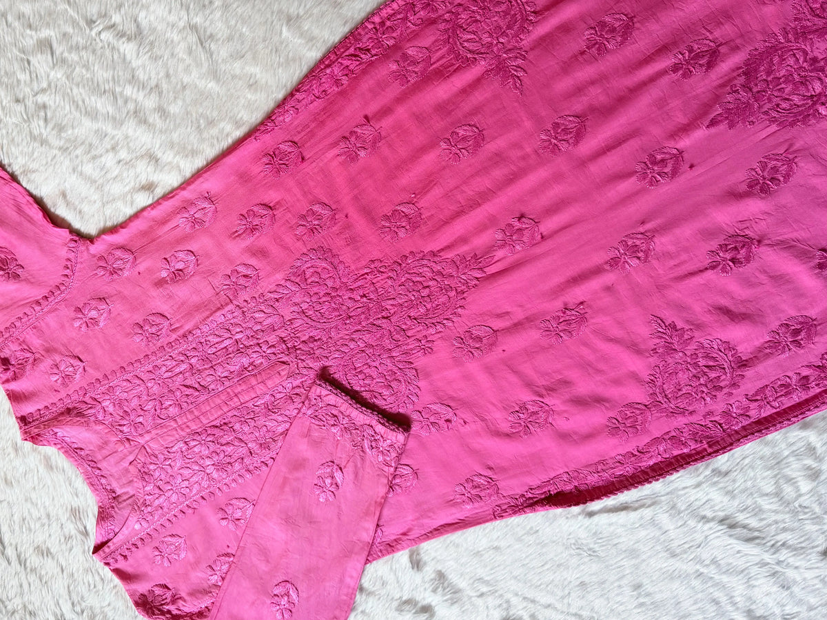Haniya Pink Ombre Chanderi Chikankari Kurta Bottom Set