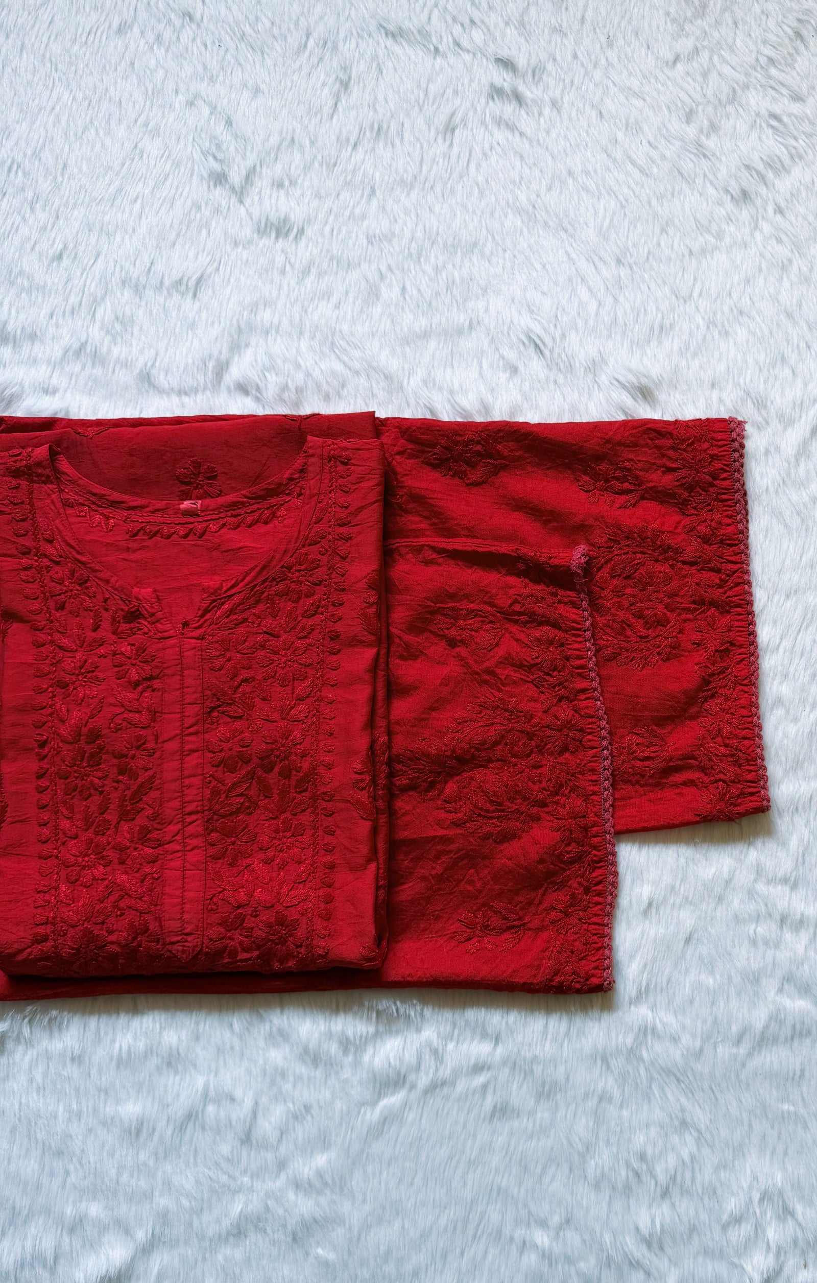 Haniya Red Ombre Chanderi Chikankari Kurta Bottom Set
