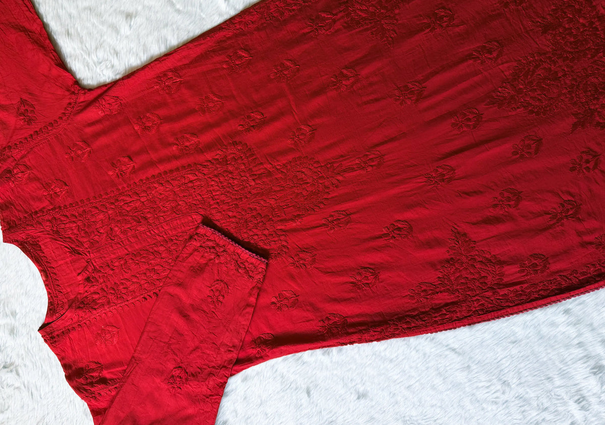 Haniya Red Ombre Chanderi Chikankari Kurta Bottom Set