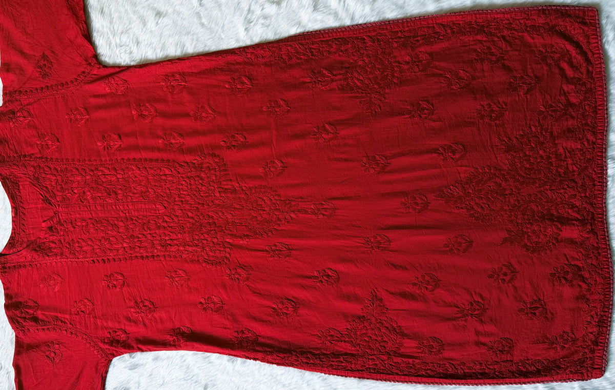 Haniya Red Ombre Chanderi Chikankari Kurta Bottom Set