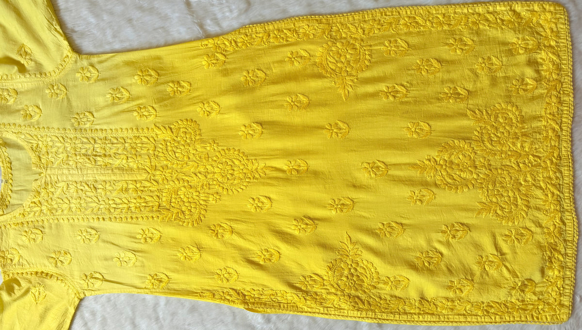 Haniya Yellow Ombre Chanderi Chikankari Kurta Bottom Set