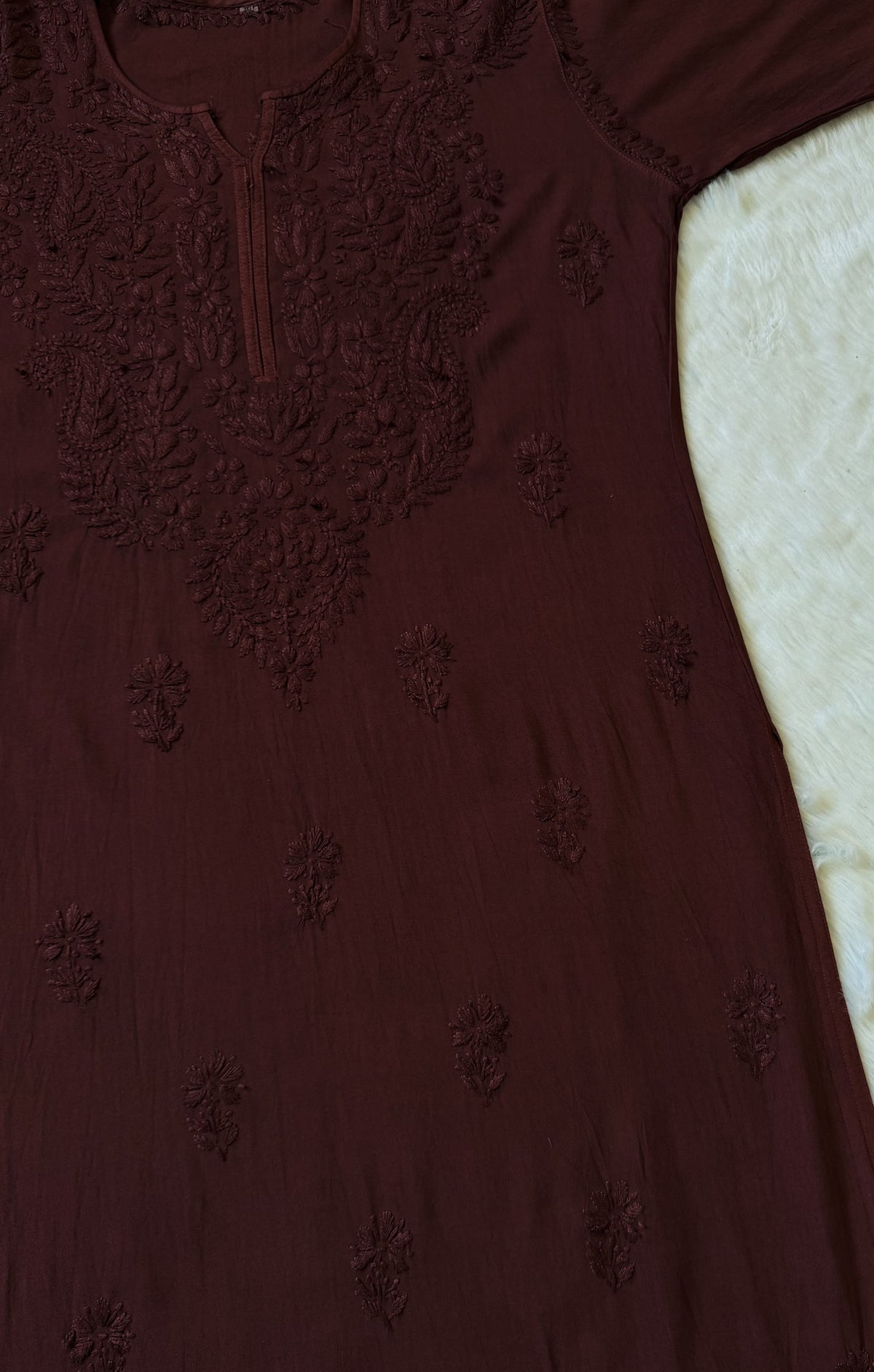 Haya Chocolate Brown Long Rayon Kurti with Chikankari Handwork