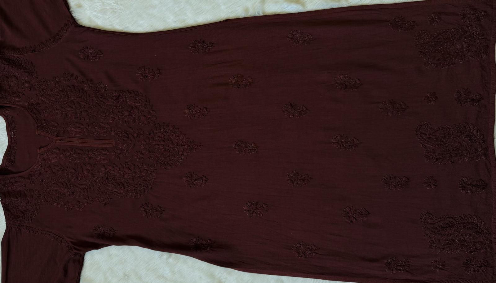Haya Chocolate Brown Long Rayon Kurti with Chikankari Handwork