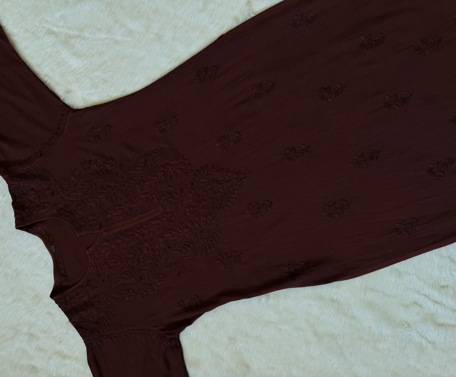 Haya Chocolate Brown Long Rayon Kurti with Chikankari Handwork