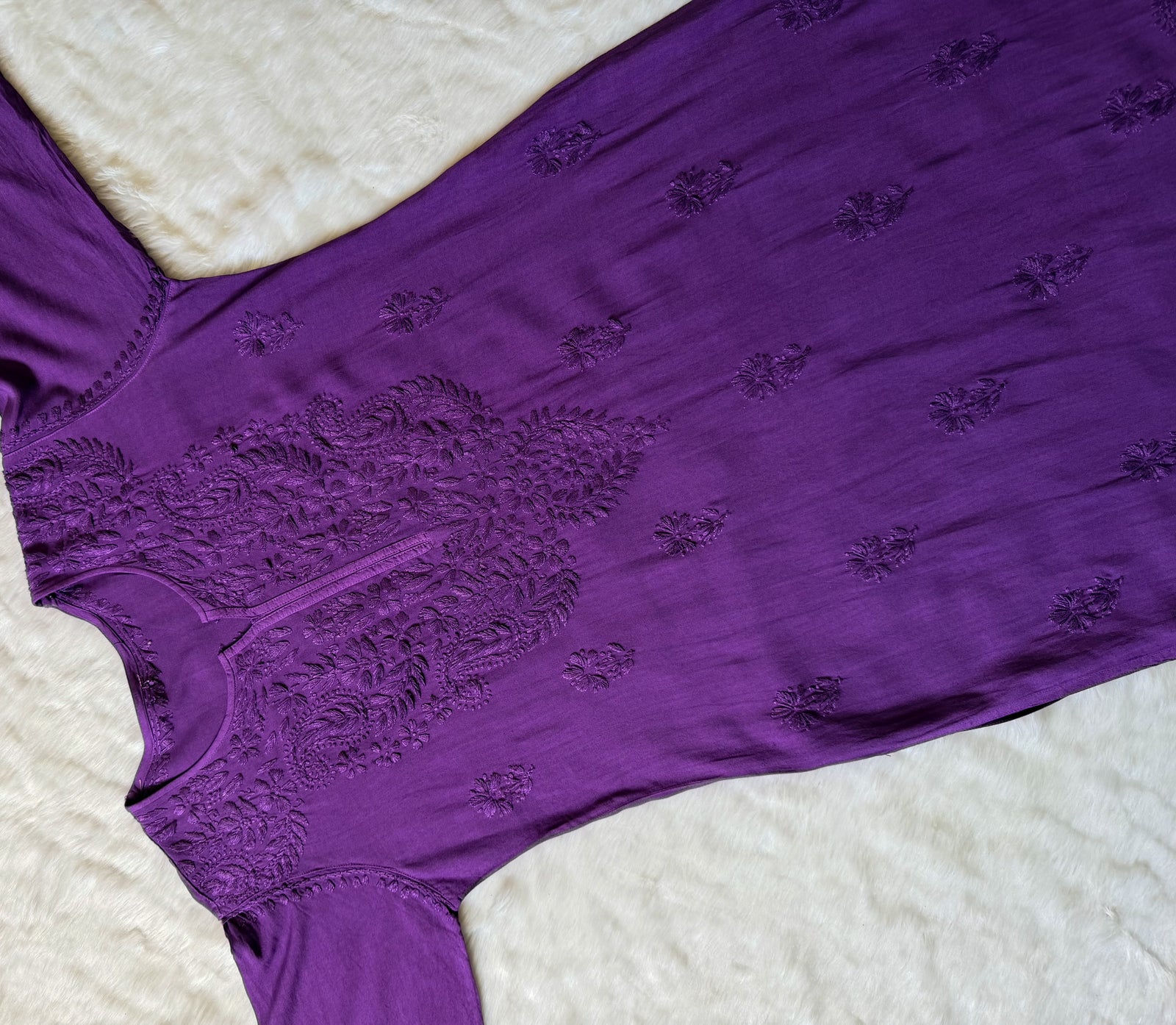 Haya Dark Purple Long Rayon Kurti with Chikankari Handwork