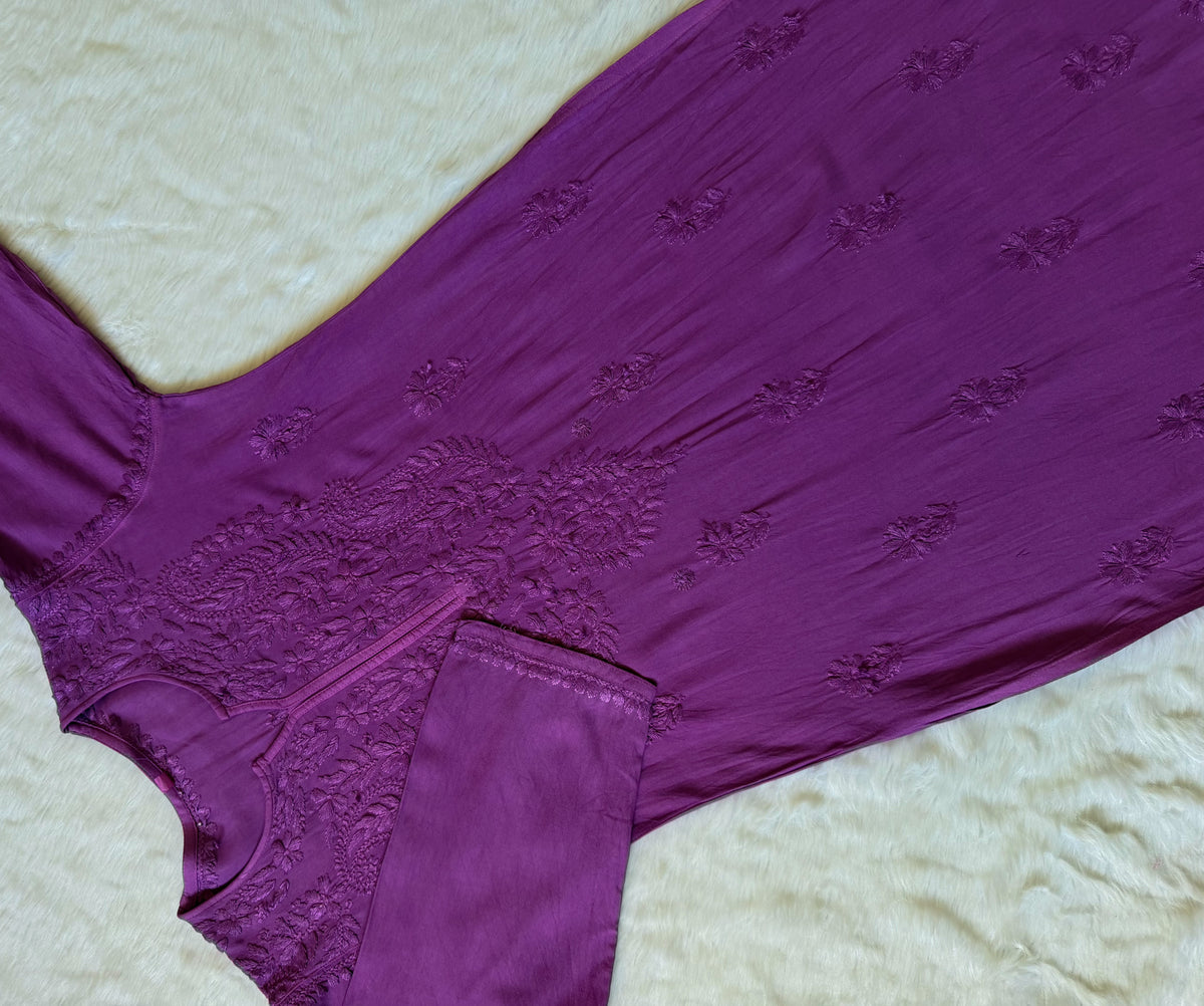 Haya Mauve Purple Long Rayon Kurti with Chikankari Handwork