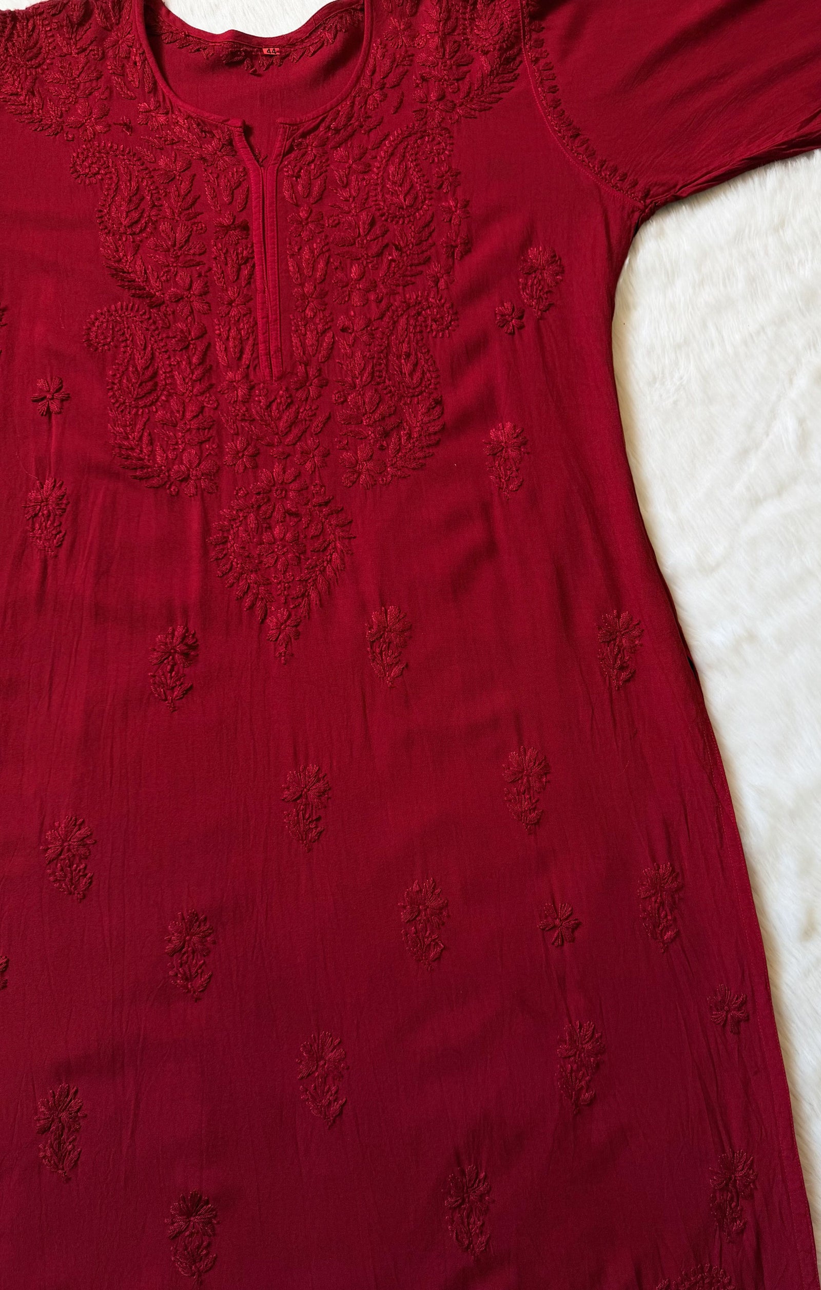 Haya Red Long Rayon Kurti with Chikankari Handwork