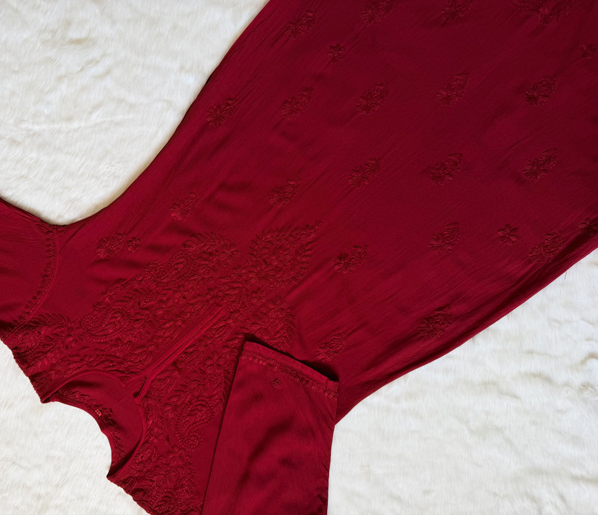 Haya Red Long Rayon Kurti with Chikankari Handwork