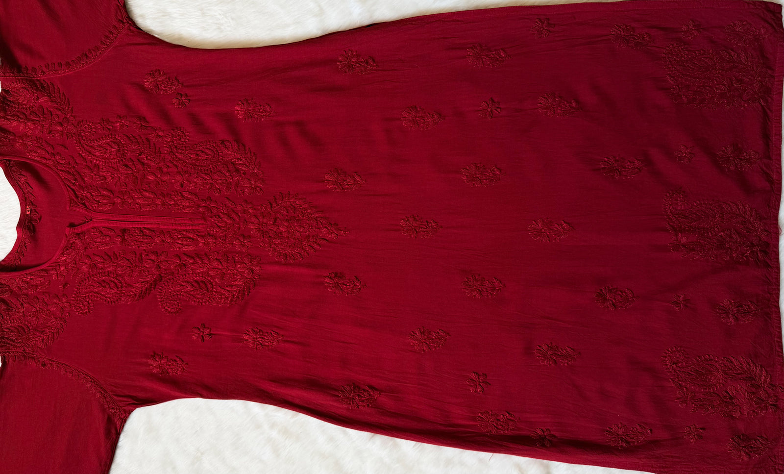 Haya Red Long Rayon Kurti with Chikankari Handwork