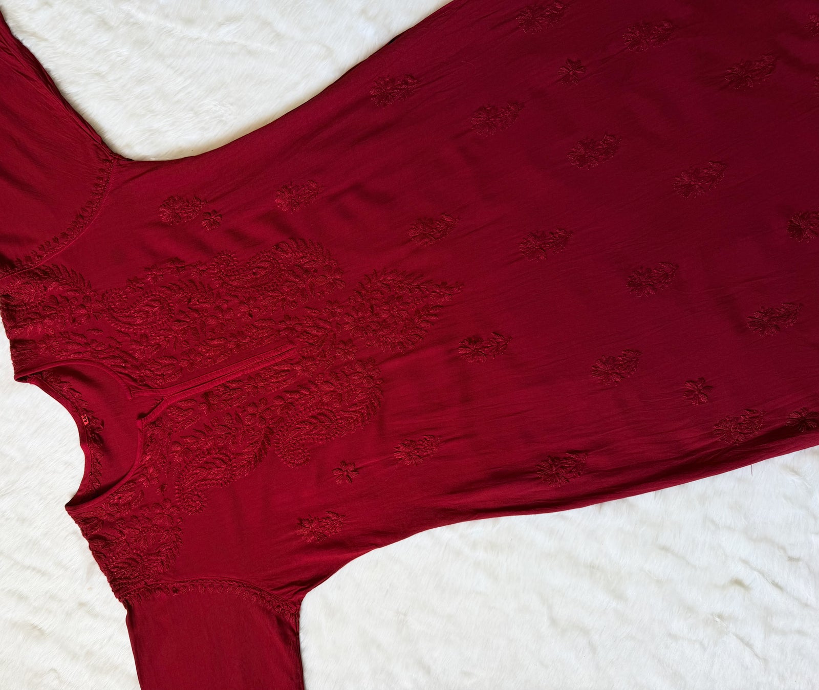 Haya Red Long Rayon Kurti with Chikankari Handwork