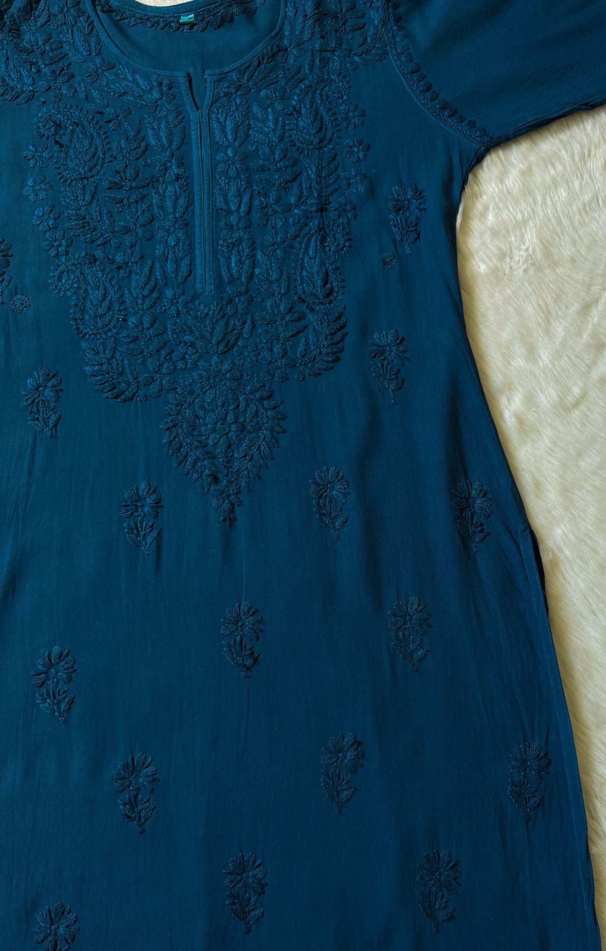 Haya Teal Long Rayon Kurti with Chikankari Handwork