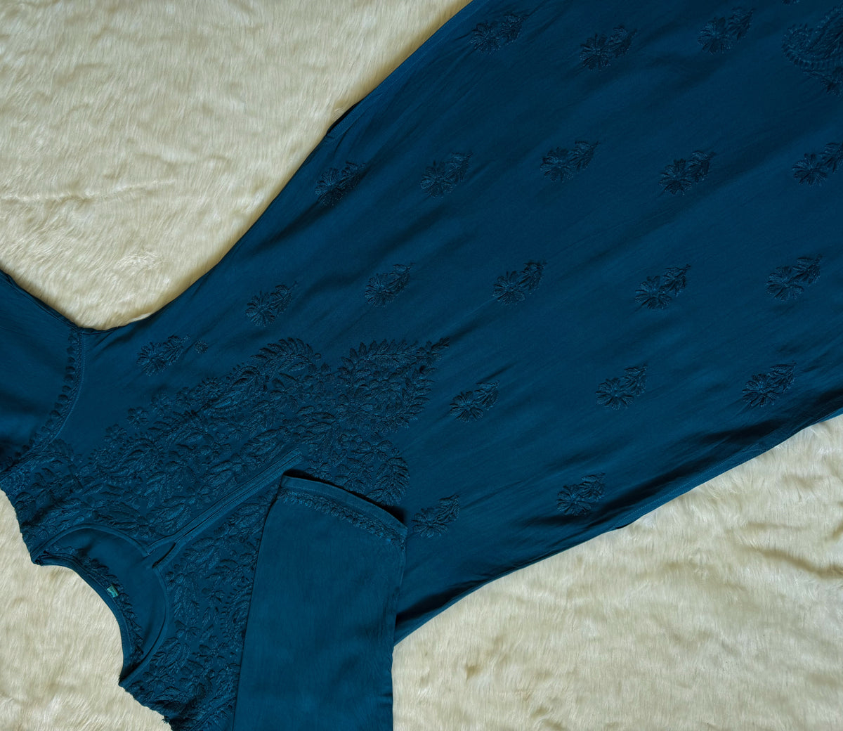 Haya Teal Long Rayon Kurti with Chikankari Handwork