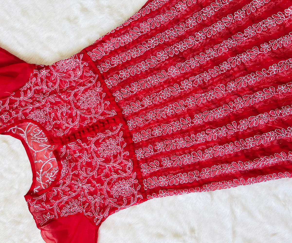 Hiba Red Georgette Anarkali with Heavy Chikankari