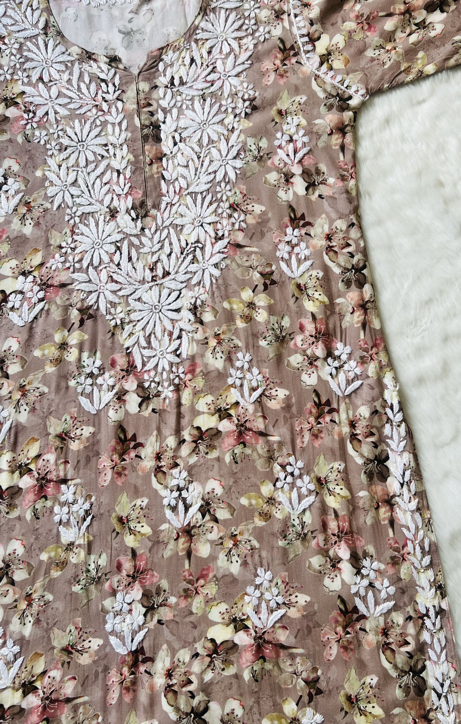 Hina Beige Printed Rayon Kurta with White Chikankari Handwork