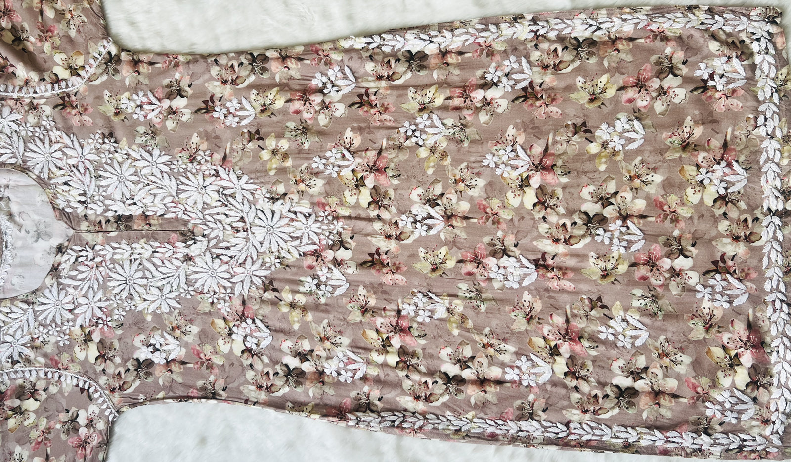 Hina Beige Printed Rayon Kurta with White Chikankari Handwork