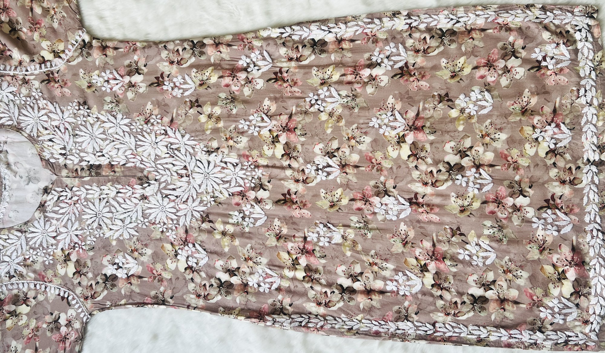 Hina Beige Printed Rayon Kurta with White Chikankari Handwork