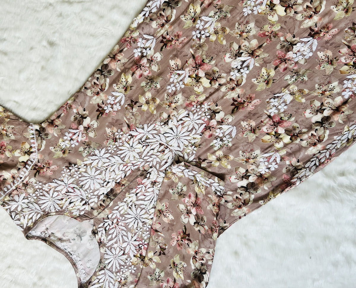 Hina Beige Printed Rayon Kurta with White Chikankari Handwork