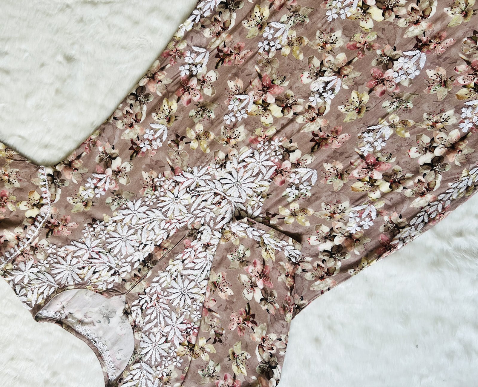 Hina Beige Printed Rayon Kurta with White Chikankari Handwork