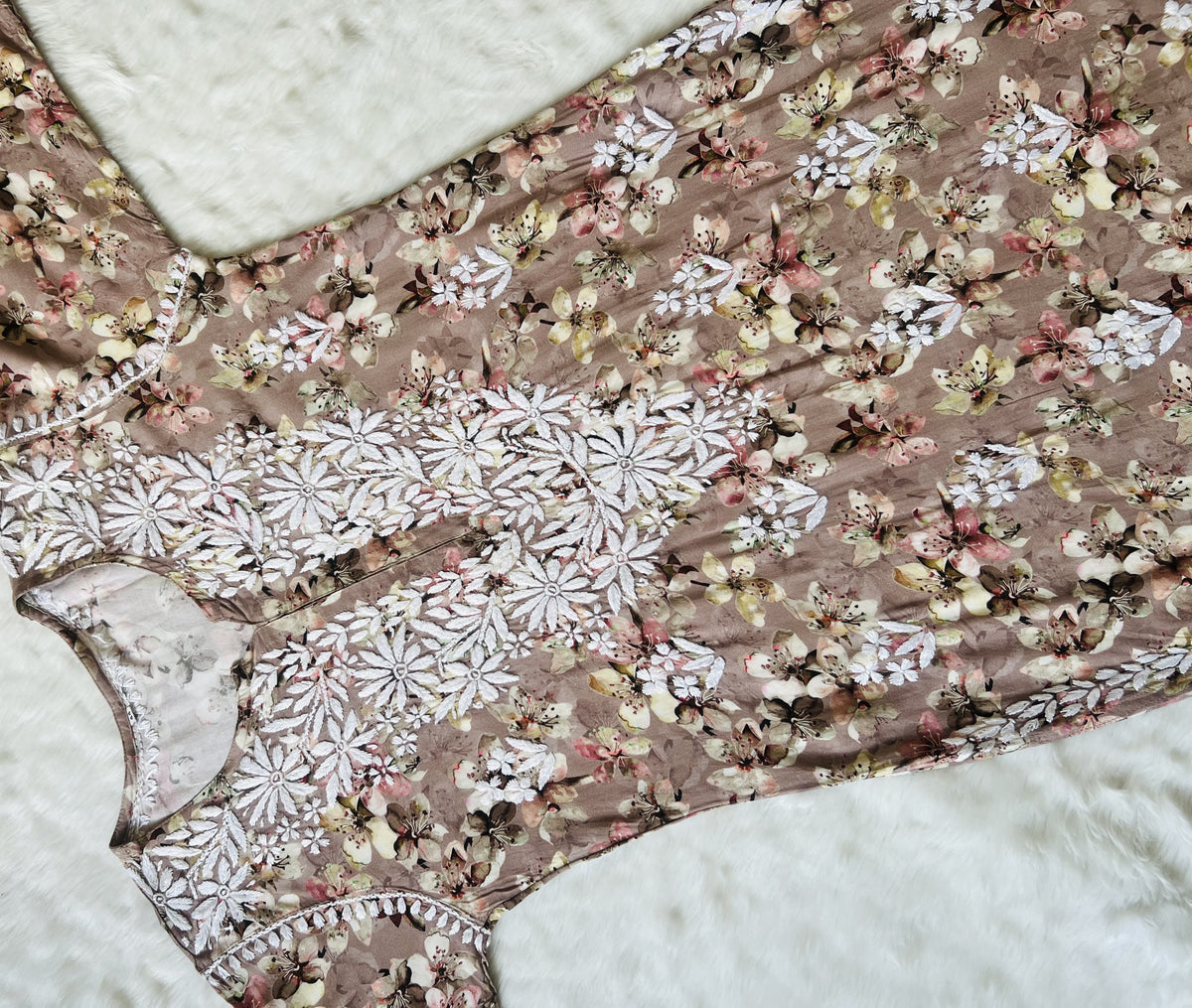 Hina Beige Printed Rayon Kurta with White Chikankari Handwork