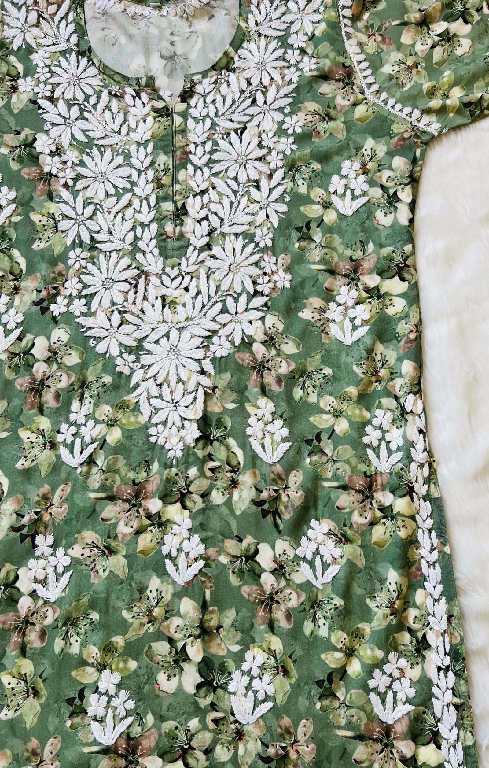 Hina Green Printed Rayon Kurta with White Chikankari Handwork 