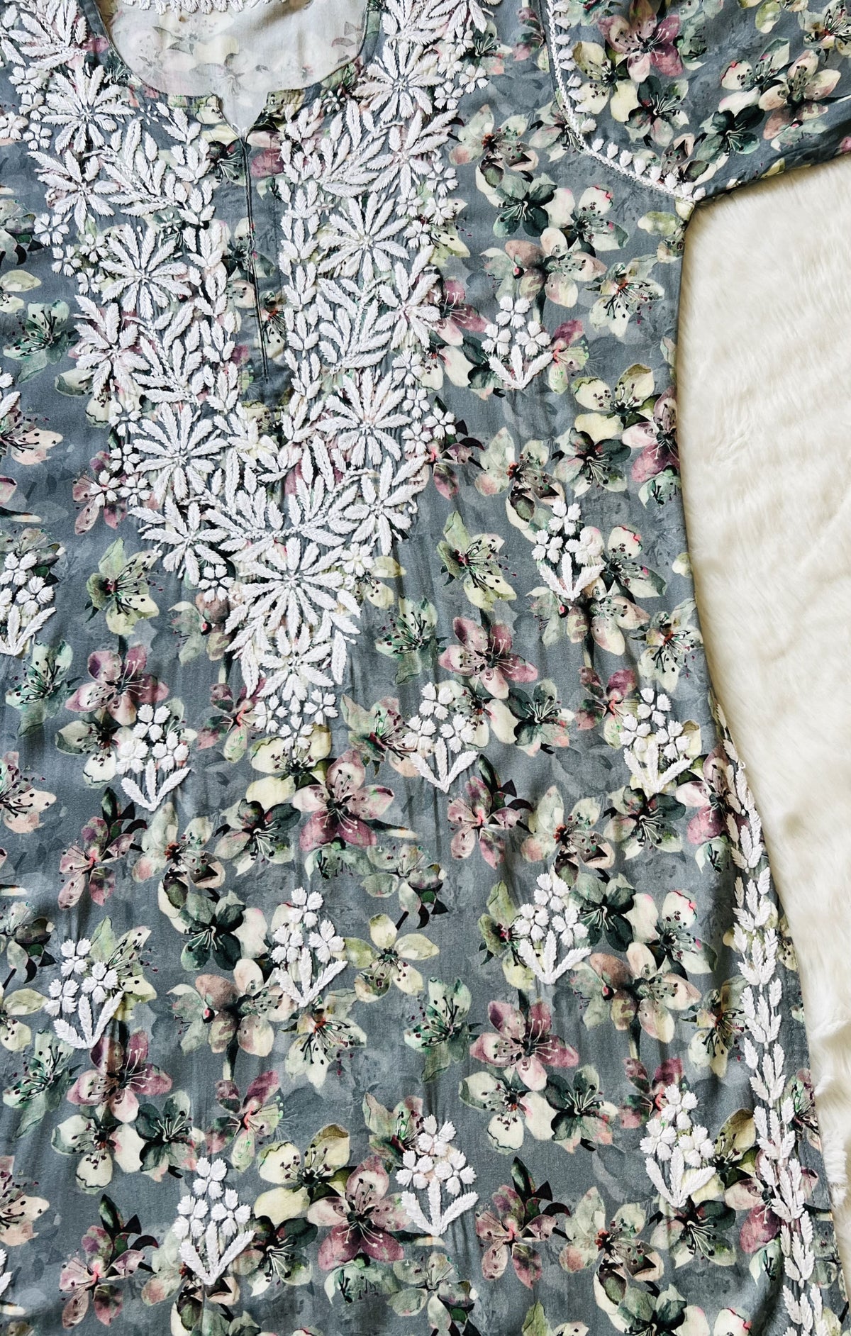 Hina Grey Printed Rayon Kurta with White Chikankari Handwork
