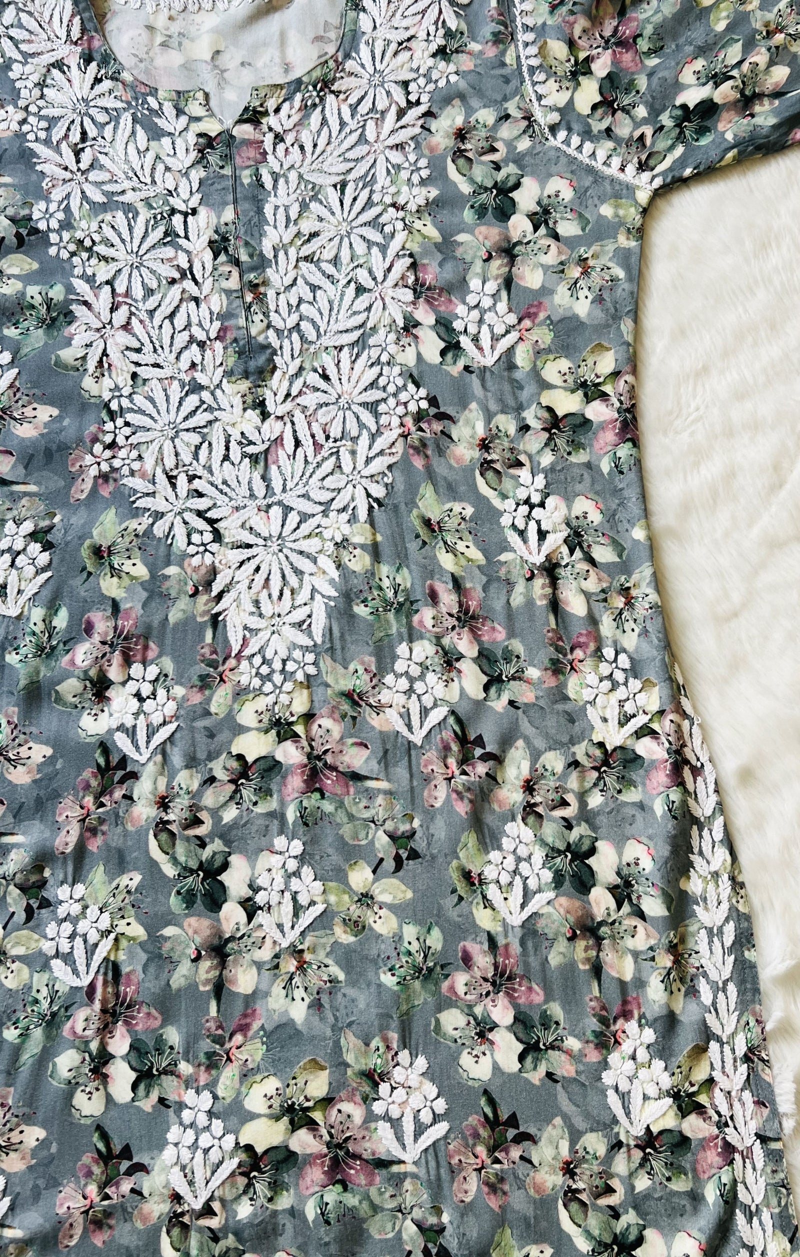 Hina Grey Printed Rayon Kurta with White Chikankari Handwork