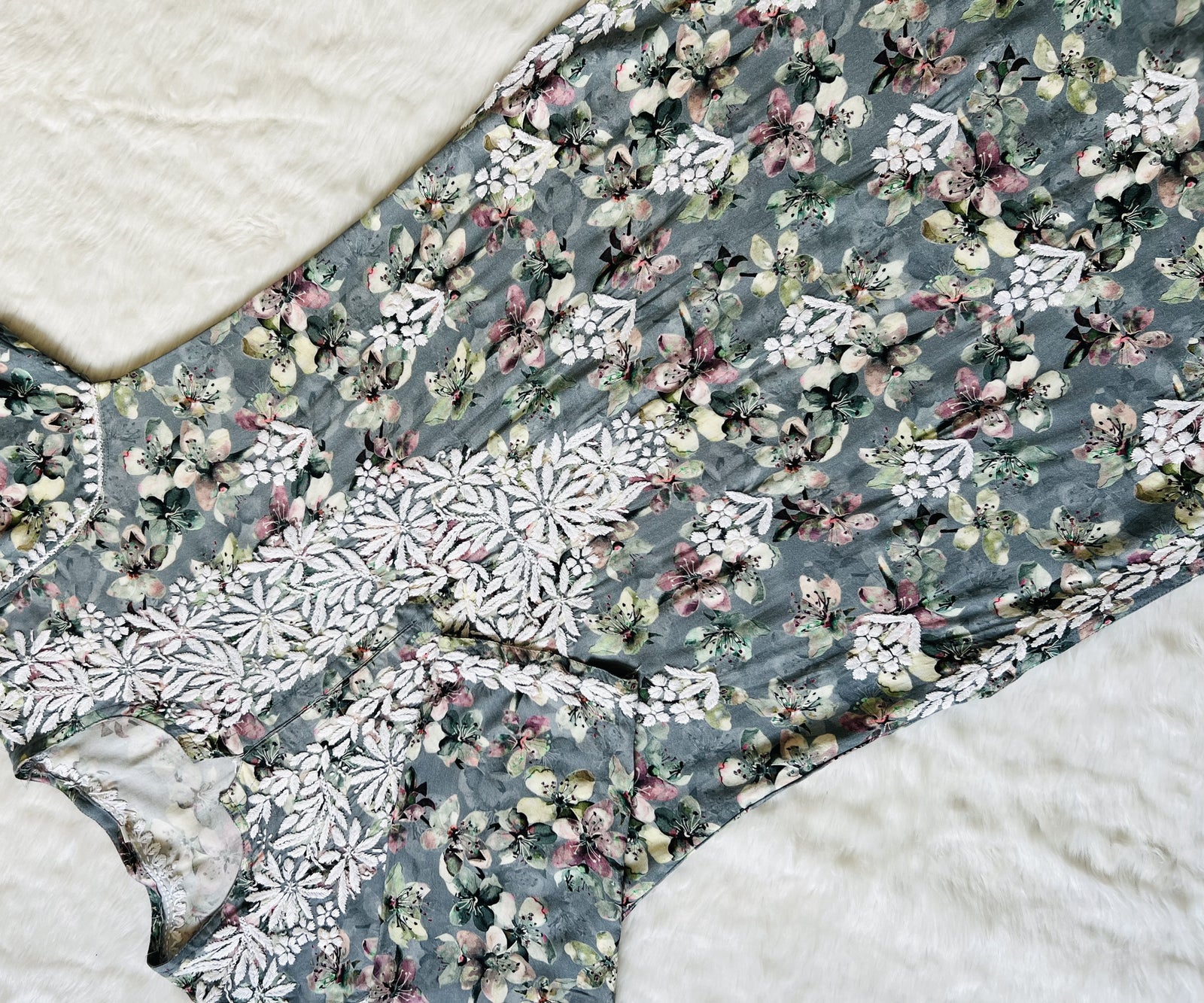 Hina Grey Printed Rayon Kurta with White Chikankari Handwork