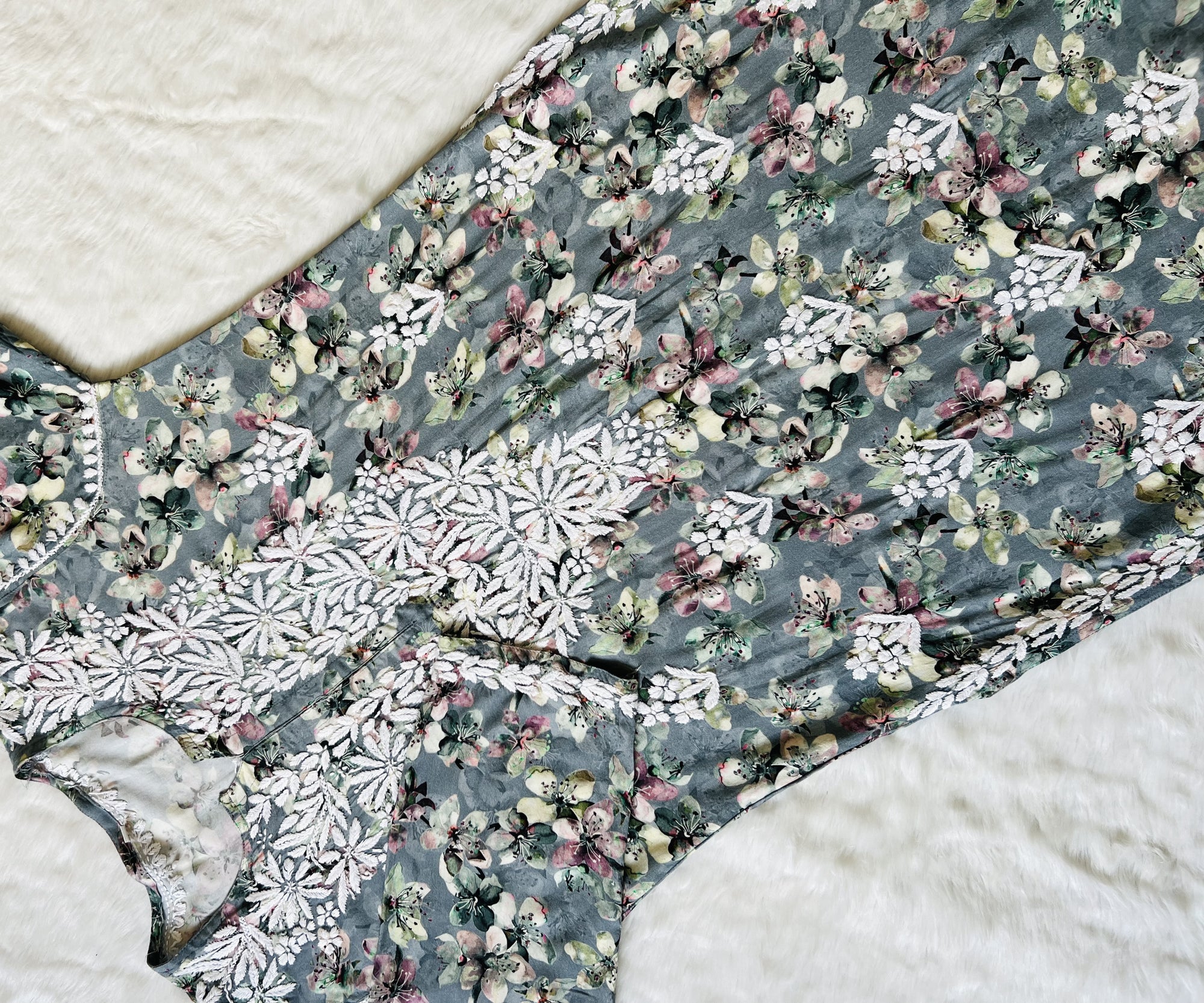 Hina Grey Printed Rayon Kurta with White Chikankari Handwork