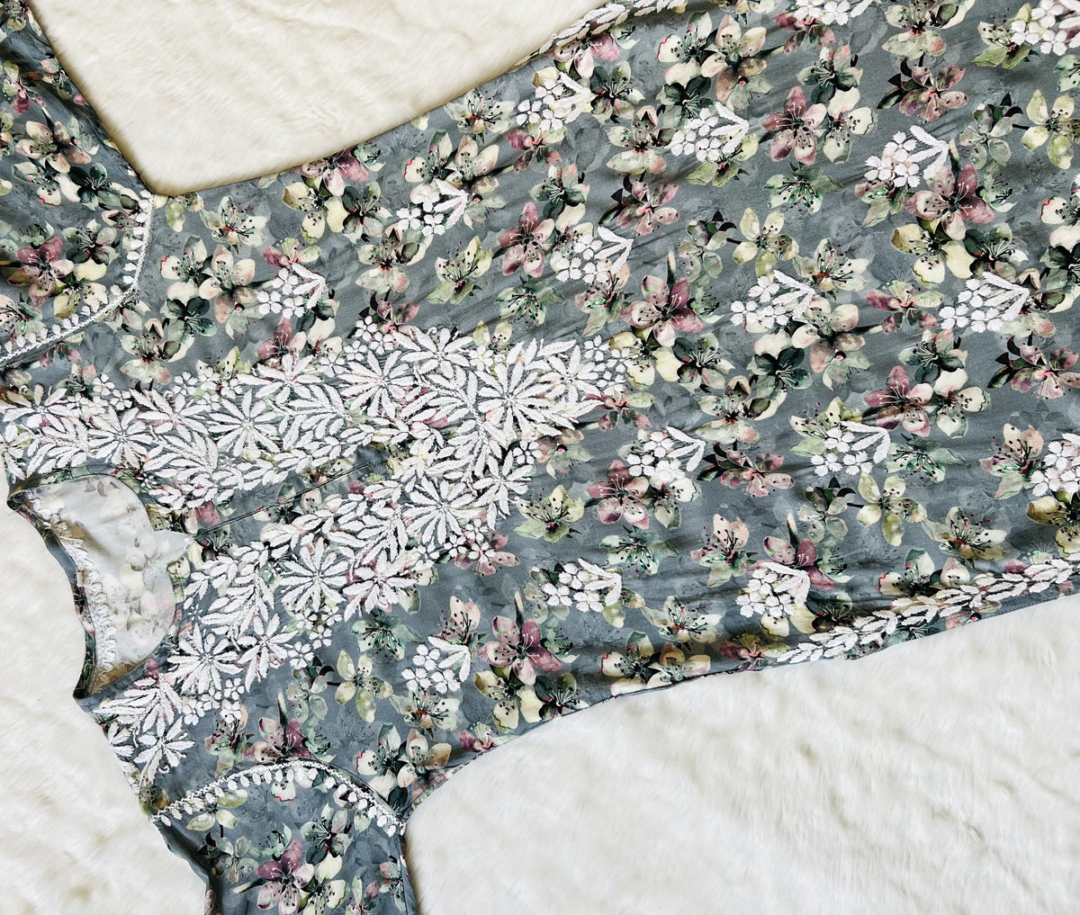 Hina Grey Printed Rayon Kurta with White Chikankari Handwork