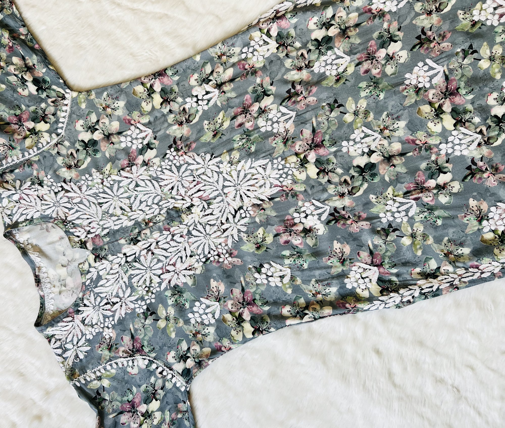 Hina Grey Printed Rayon Kurta with White Chikankari Handwork