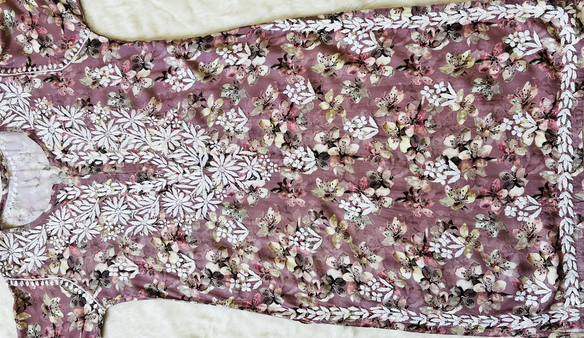 Hina Mauve Printed Rayon Kurta with White Chikankari Handwork