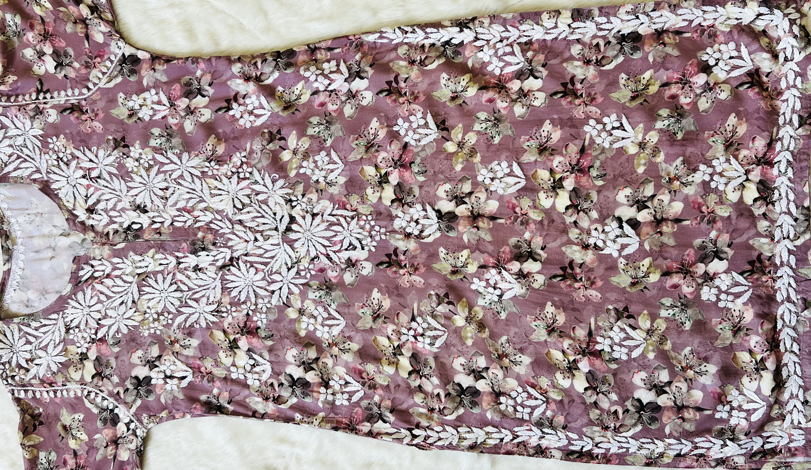 Hina Mauve Printed Rayon Kurta with White Chikankari Handwork