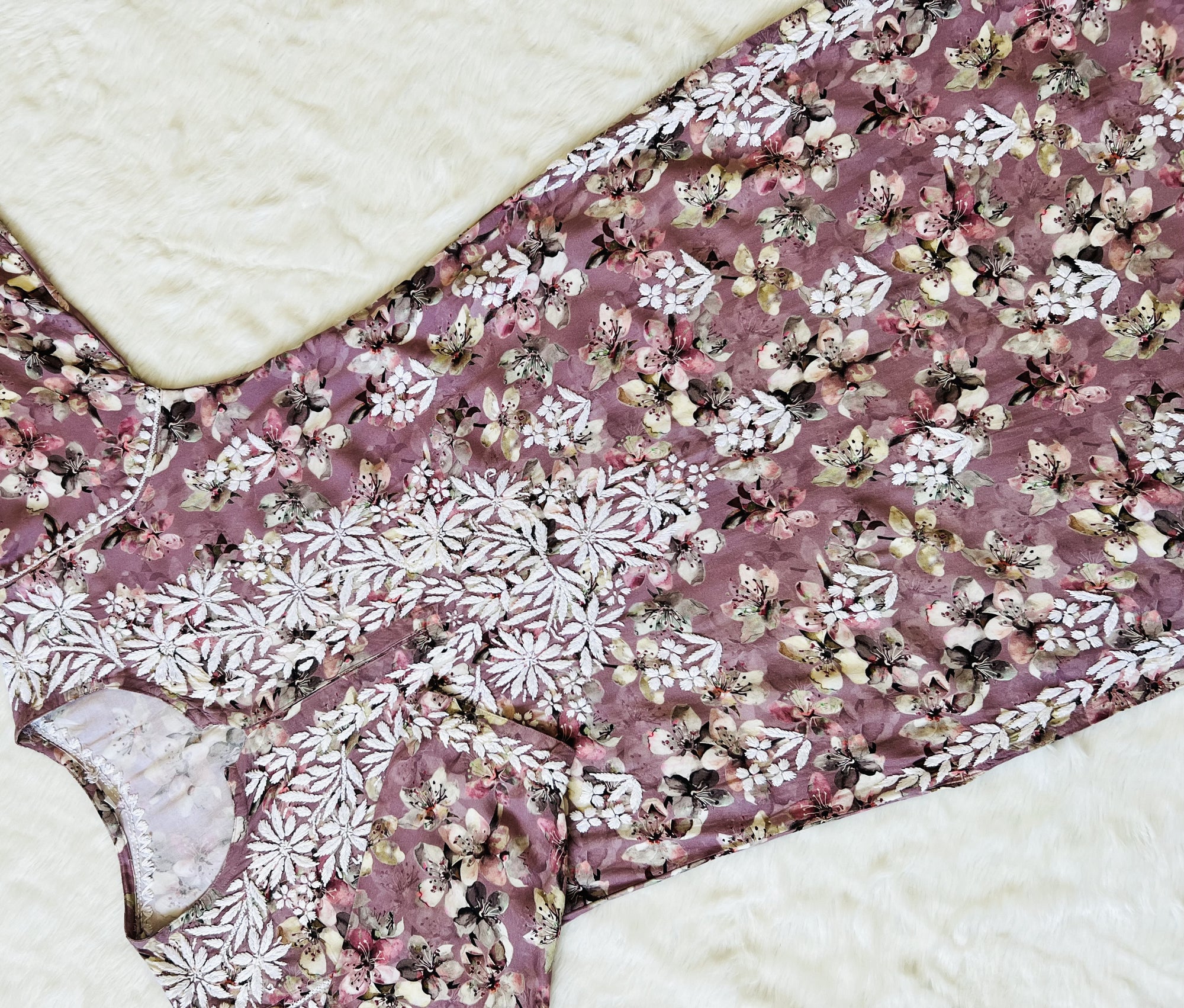 Hina Mauve Printed Rayon Kurta with White Chikankari Handwork